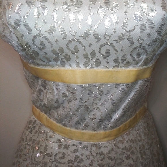 Vintage 1950's Handmade Silver Lace & Ivory Velvet Sleeveless Skater Style Dress - Picture 5 of 14